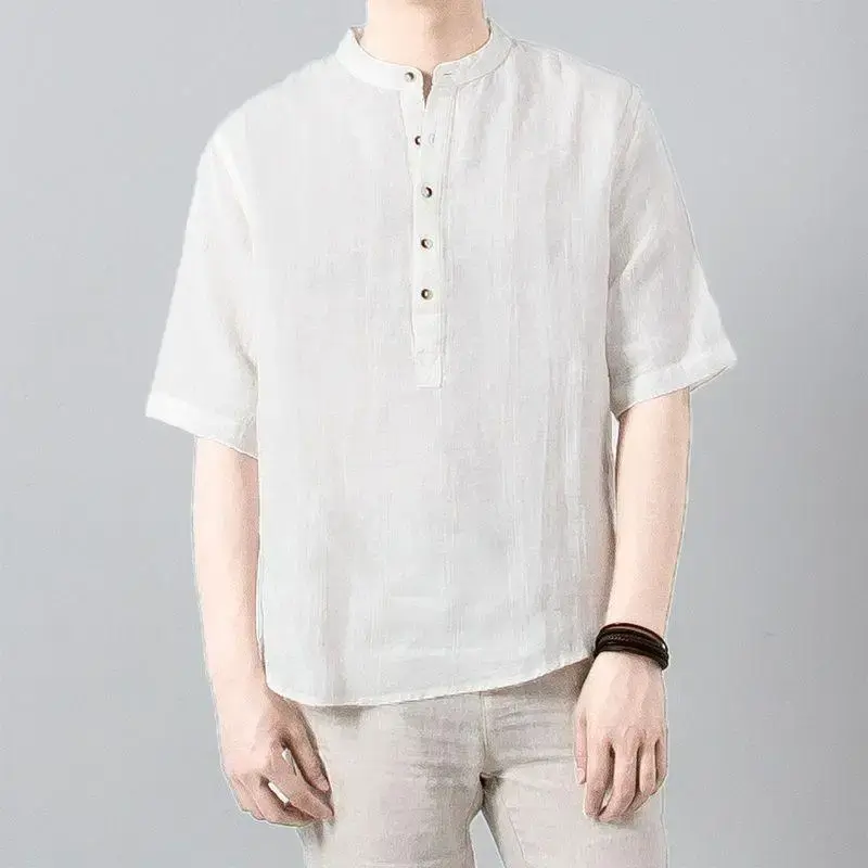 Fashionable Casual Men's Short Sleeve Summer Vintage Linen T-shirt V-stand Collar Breathable Distressed Wrinkled Solid Color Top