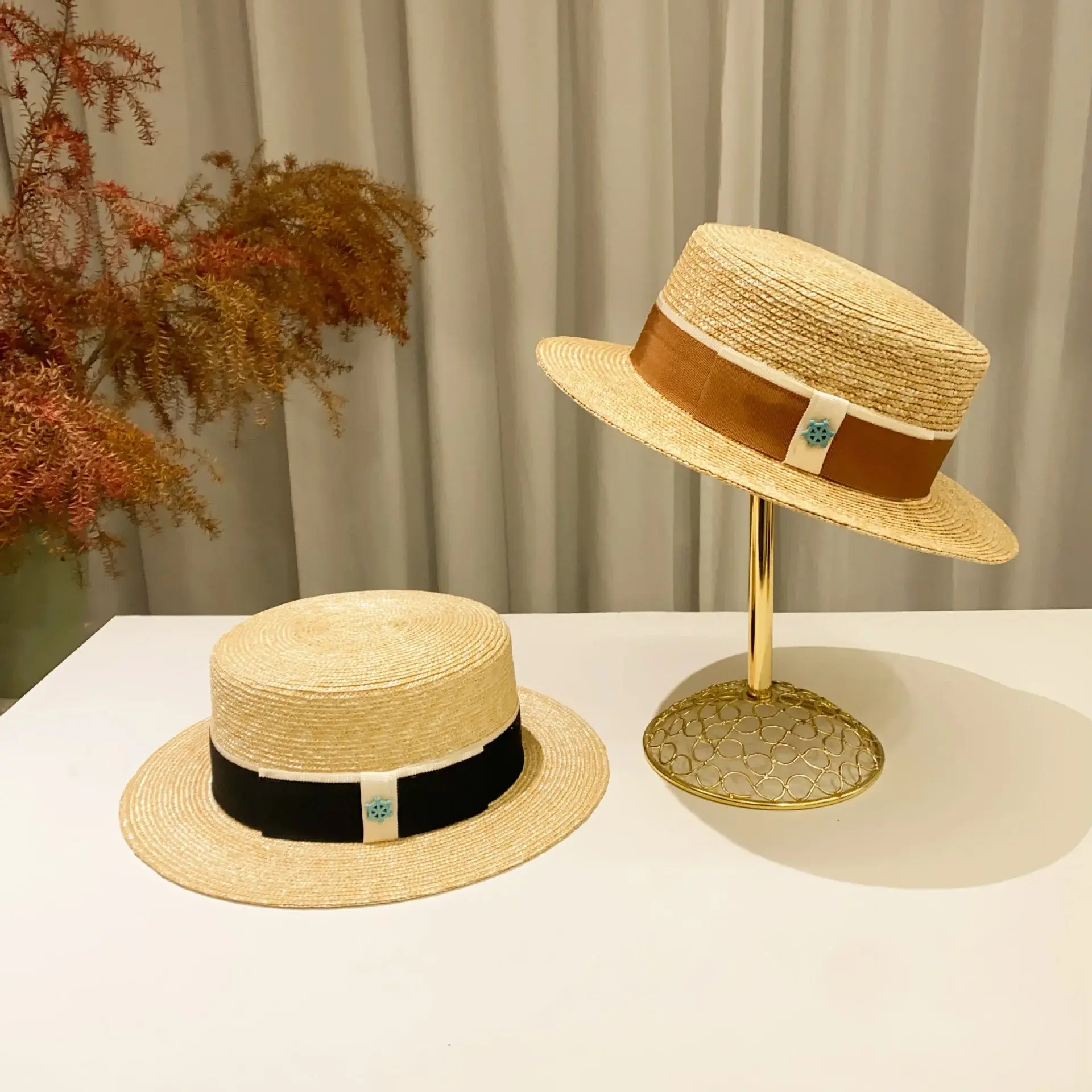 Luxury Straw Hat Women's Flat Top Sunshade Fashionable All-Match Spring Summer Travel Anti-UV Hat Elegant Gift Hat