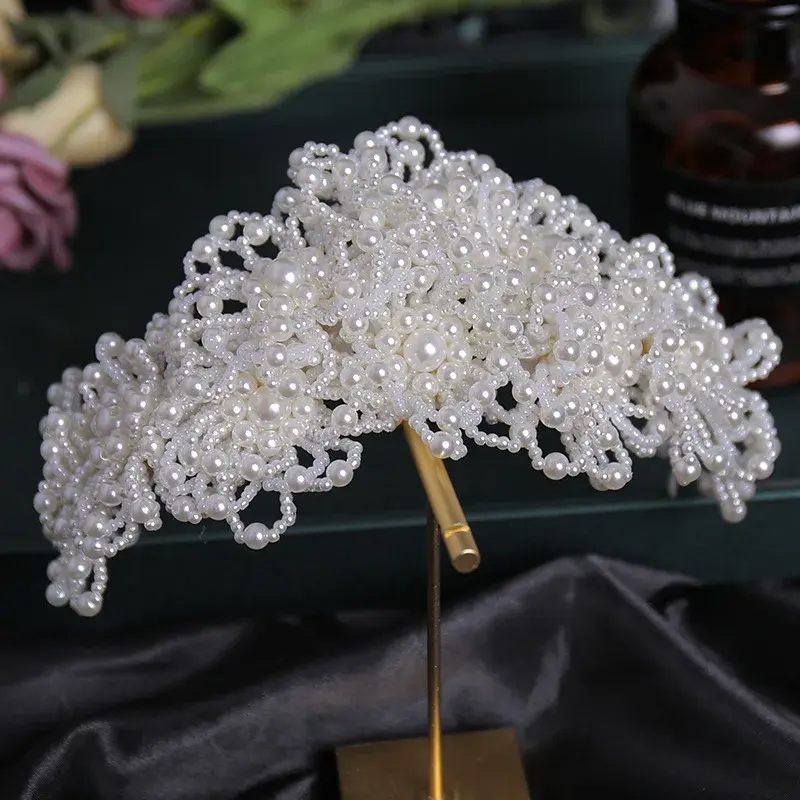 New Handmade Pearl Crown Wedding Live Broadcast Headwear Banquet Dress Tail Wig Princess Crown Headwear Jewelry Accessories