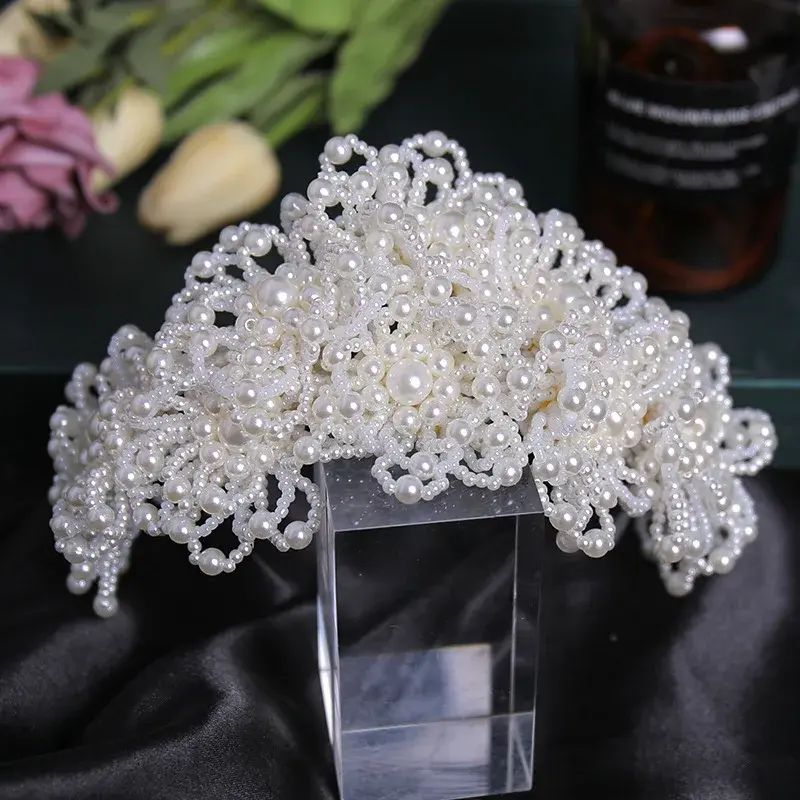 New Handmade Pearl Crown Wedding Live Broadcast Headwear Banquet Dress Tail Wig Princess Crown Headwear Jewelry Accessories