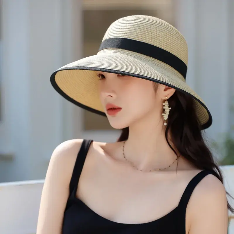 Summer 2025 Women's Fashionable Raffia Straw Hat Fisherman Style Outdoor Sun Protection Face Slimming Cap Lace Net Hat