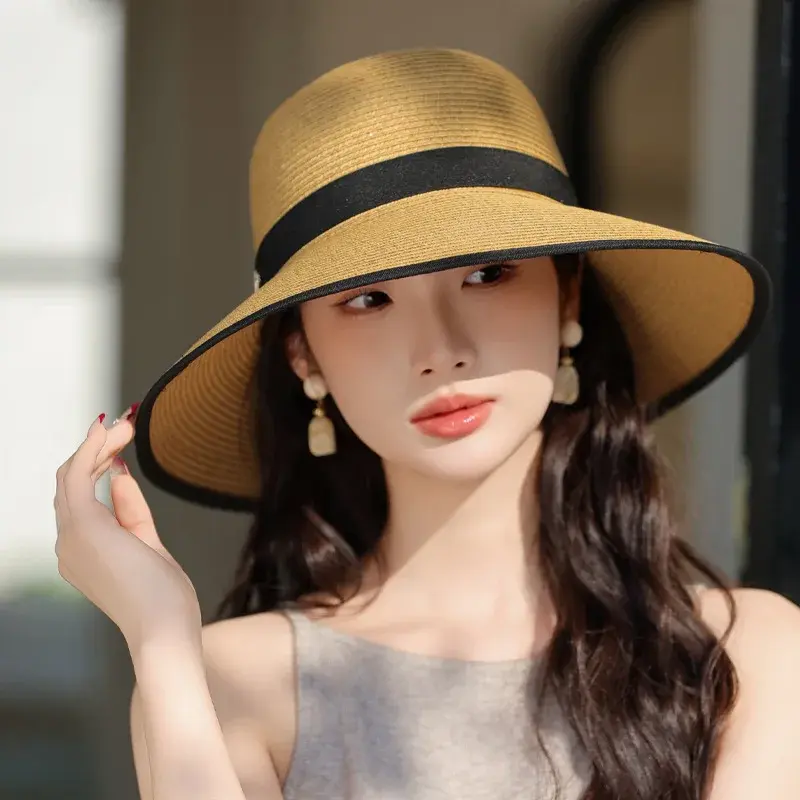 Summer 2025 Women's Fashionable Raffia Straw Hat Fisherman Style Outdoor Sun Protection Face Slimming Cap Lace Net Hat