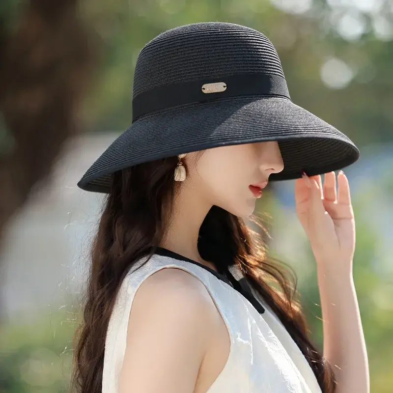 Summer 2025 Women's Fashionable Raffia Straw Hat Fisherman Style Outdoor Sun Protection Face Slimming Cap Lace Net Hat