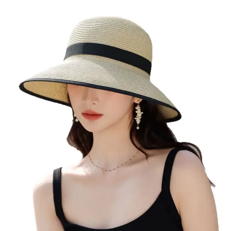 Summer 2025 Women's Fashionable Raffia Straw Hat Fisherman Style Outdoor Sun Protection Face Slimming Cap Lace Net Hat
