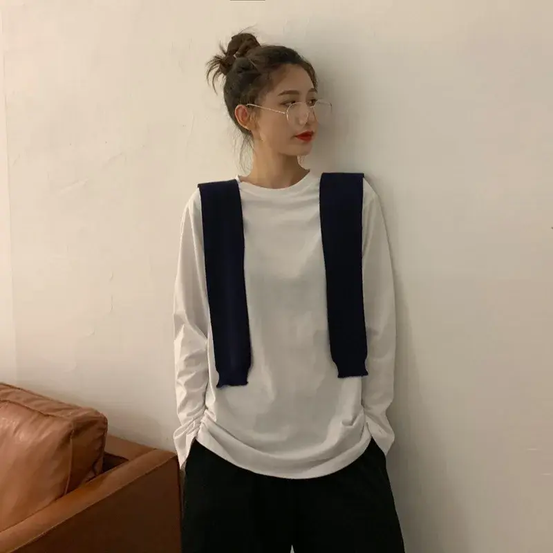 Stylish Inner Solid Color Student Long Sleeve T-shirt Women's Autumn 2022 New Korean Version White Base Layer Top
