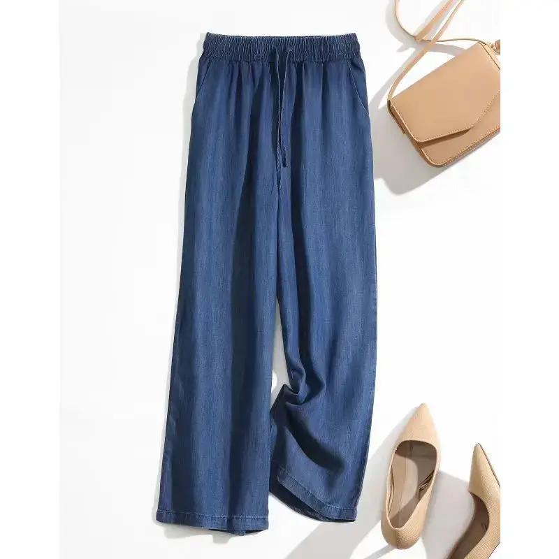 Summer Thin Drapey Elastic High Waist Tencel Denim Wide Leg Pants Women Nine Points Loose Ice Silk Straight Leg Pants plus Size