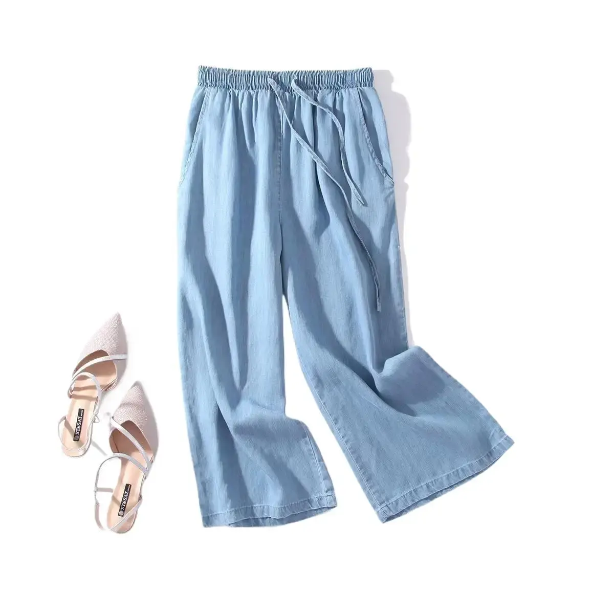 Summer Thin Drapey Elastic High Waist Tencel Denim Wide Leg Pants Women Nine Points Loose Ice Silk Straight Leg Pants plus Size