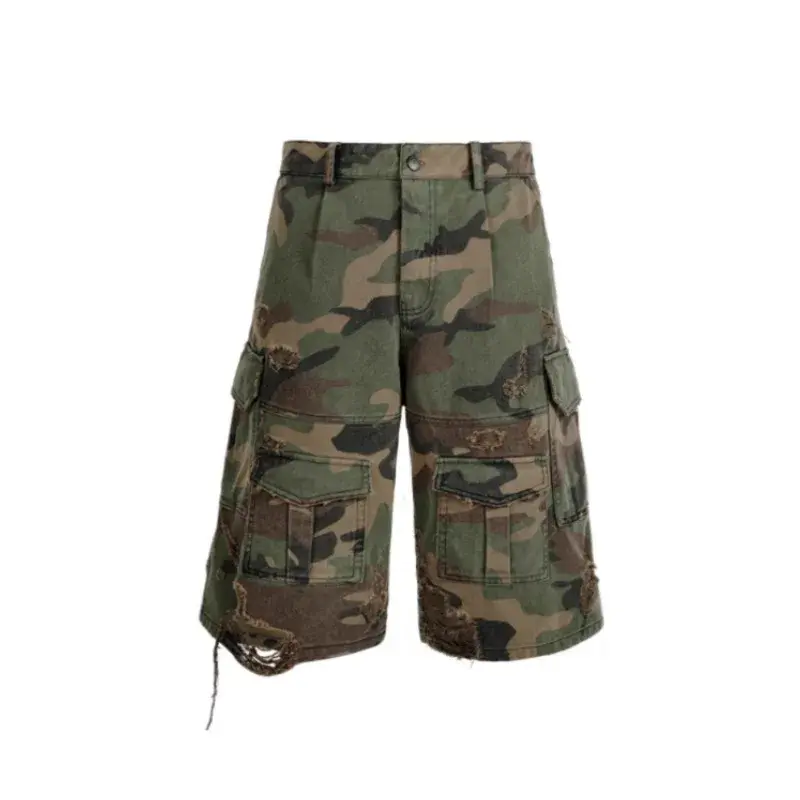 Retro American Washed Camouflage Workwear Seven-Foot Pants High Street Trendy Brand Loose Casual Shorts Summer Hole Punch