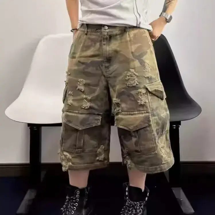 Retro American Washed Camouflage Workwear Seven-Foot Pants High Street Trendy Brand Loose Casual Shorts Summer Hole Punch
