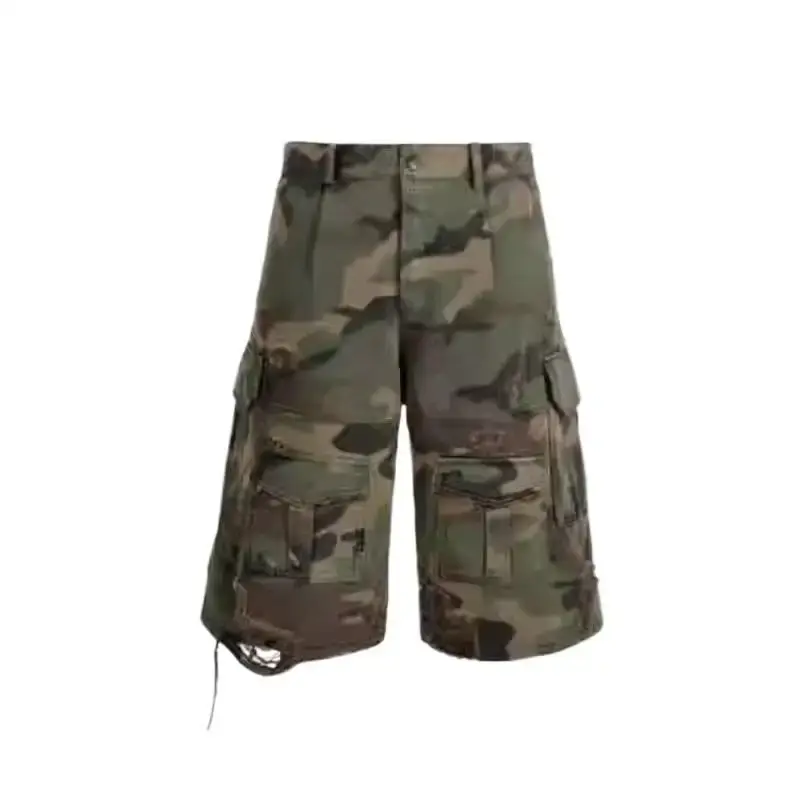 Retro American Washed Camouflage Workwear Seven-Foot Pants High Street Trendy Brand Loose Casual Shorts Summer Hole Punch