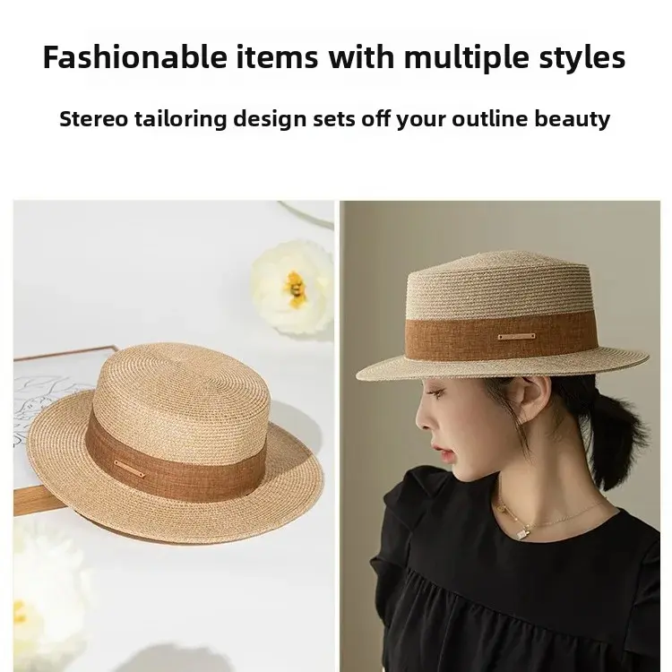 New Hot Sale Of The Season Women's Flat Top Straw Hat Spring Summer Fashionable Versatile Sunscreen Holiday Outing Hat British S