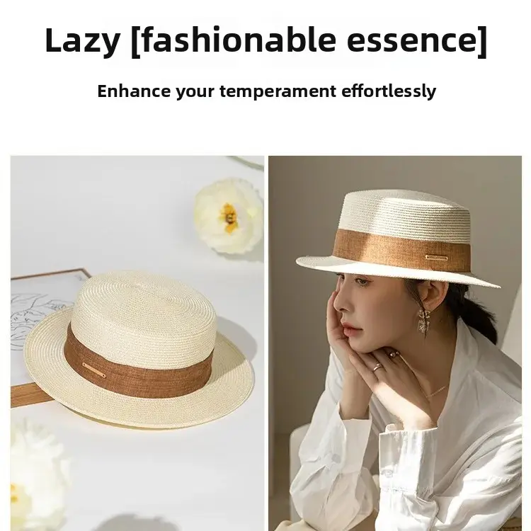 New Hot Sale Of The Season Women's Flat Top Straw Hat Spring Summer Fashionable Versatile Sunscreen Holiday Outing Hat British S