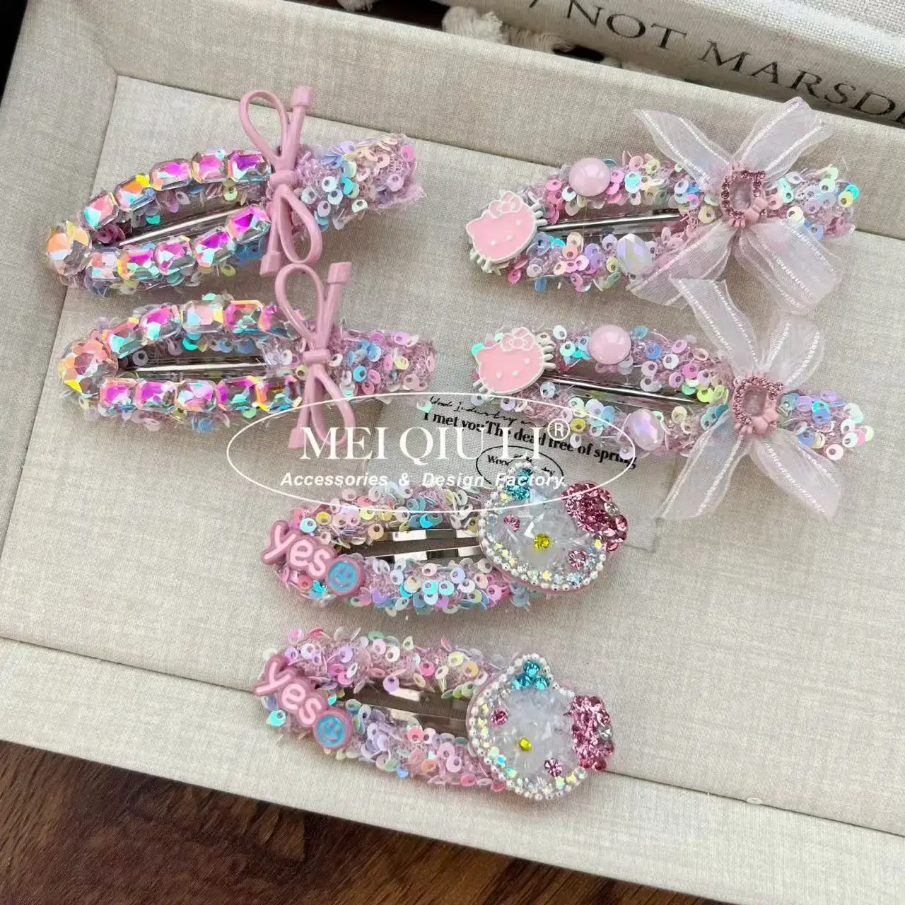 Korean Luxury Pink Sequin Hair Clips Sweet KT Cat Butterfly Knot Fringe Hair Clips Women's Side Bangs Hair Accessories