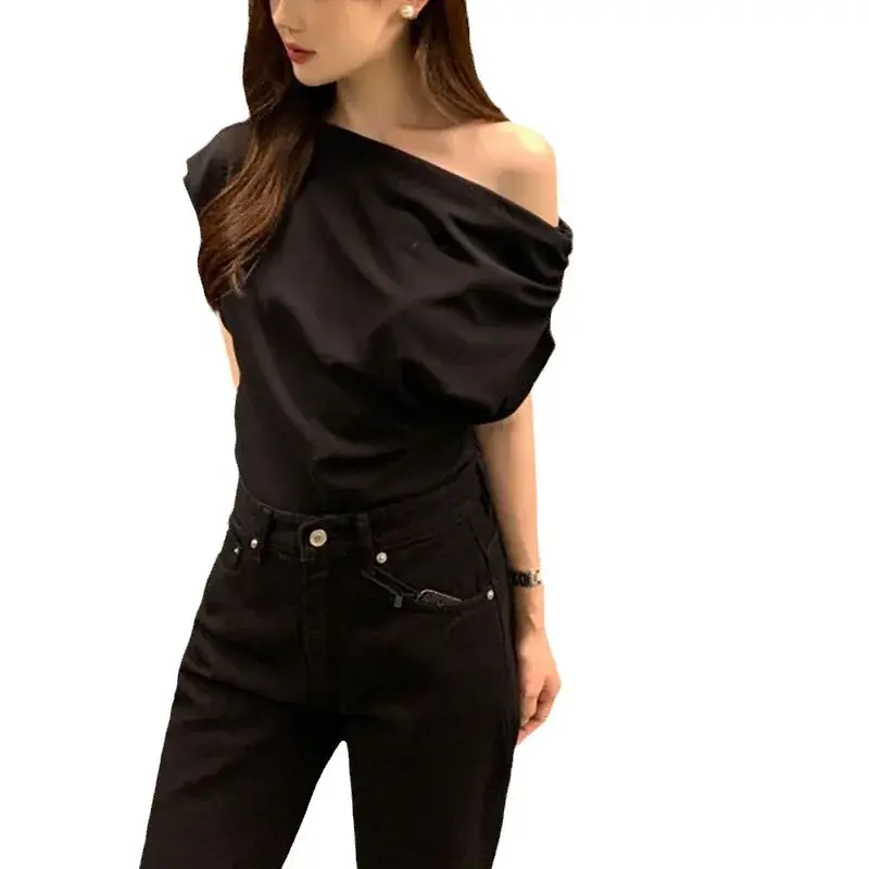 Korean Chic Summer New Loose Pure Color Hoodie Short Sleeve T-Shirt Asymmetrical Shoulder Design Women's Fashion Top