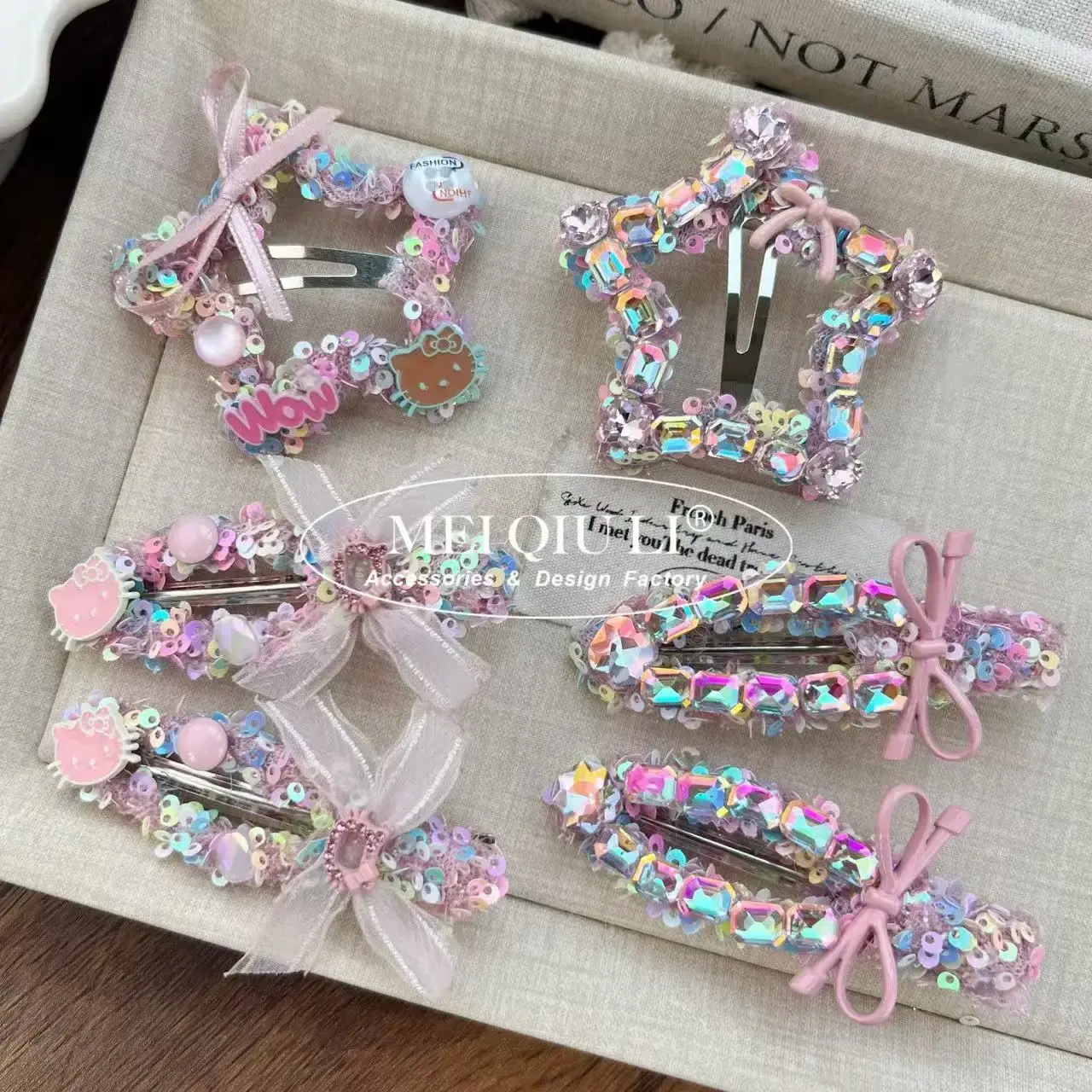 Korean Luxury Pink Sequin Hair Clips Sweet KT Cat Butterfly Knot Fringe Hair Clips Women's Side Bangs Hair Accessories