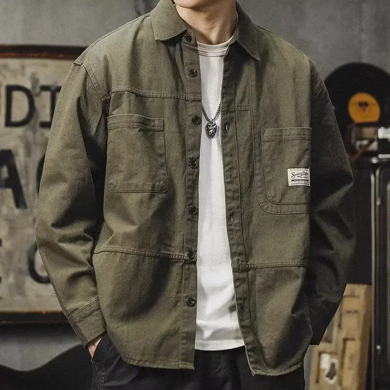 Trendy Long Sleeve Work Shirt For Men Casual Loose Fit American Style Spring Autumn New Arrival Square Collar Men's Jacket