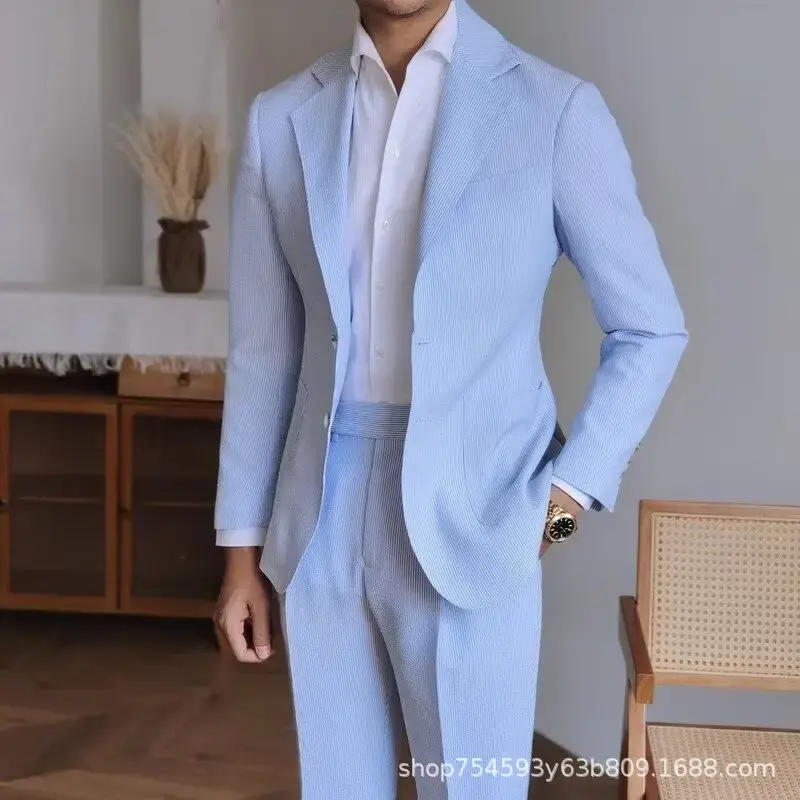 Autumn Thin Striped Seersucker Western-style Suit Men's British Gentleman Casual Fashionable Striped Suits Trendy