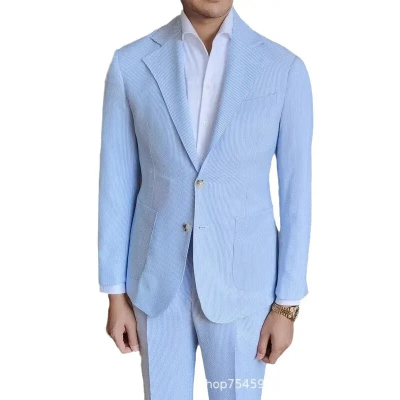 Autumn Thin Striped Seersucker Western-style Suit Men's British Gentleman Casual Fashionable Striped Suits Trendy