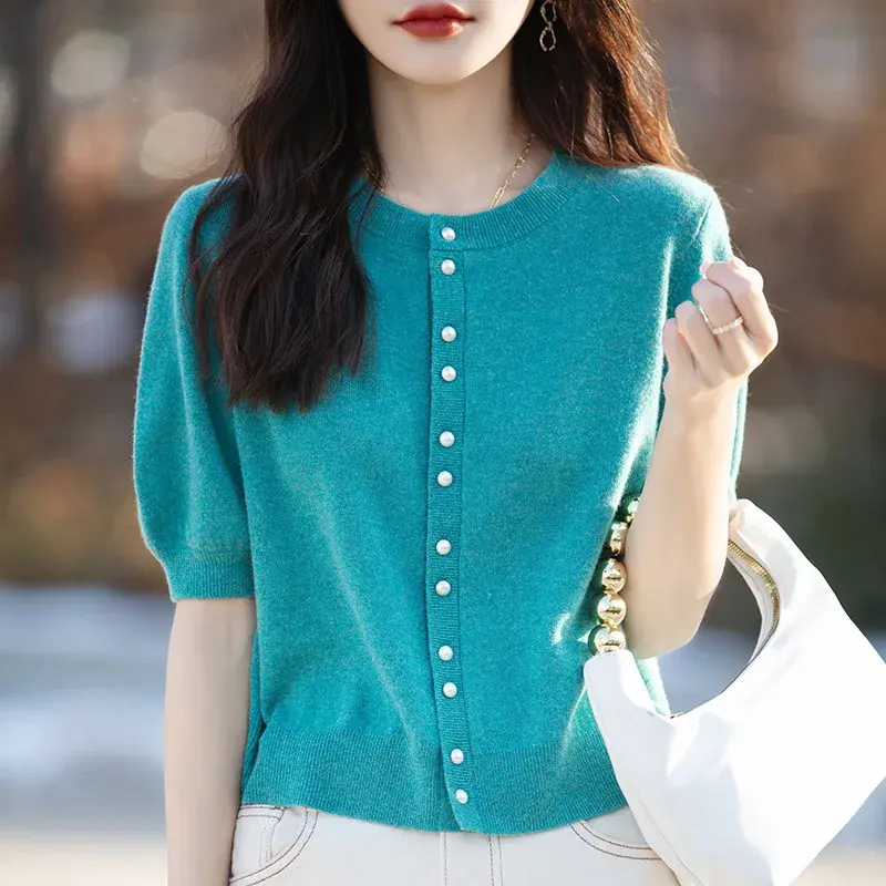 Retro round Neck Pearl Button Short Sleeve Knitted Sweater Women Summer Thin Design Slim Fit Short Style Slimming Open Cardigan