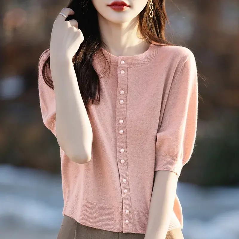 Retro round Neck Pearl Button Short Sleeve Knitted Sweater Women Summer Thin Design Slim Fit Short Style Slimming Open Cardigan