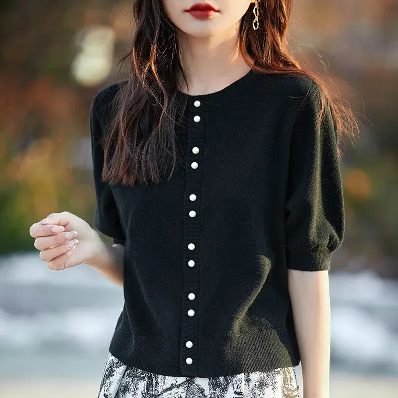 Retro round Neck Pearl Button Short Sleeve Knitted Sweater Women Summer Thin Design Slim Fit Short Style Slimming Open Cardigan