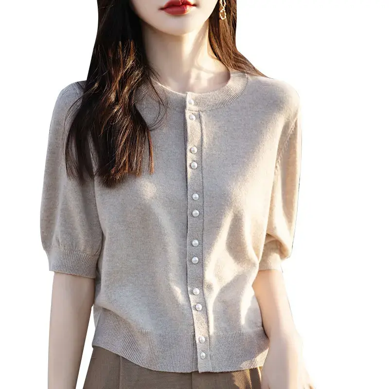 Retro round Neck Pearl Button Short Sleeve Knitted Sweater Women Summer Thin Design Slim Fit Short Style Slimming Open Cardigan