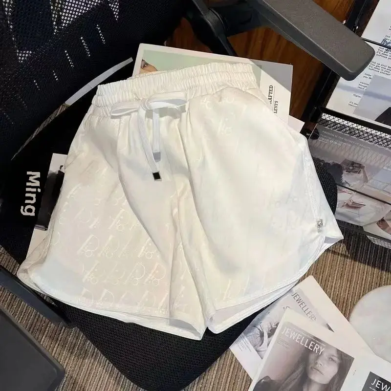Summer Thin Acetate Ice Silk Wide Leg Hot Pants Women's Sporty Printed Casual Loose Fit Shorts Trendy Elastic Waistband