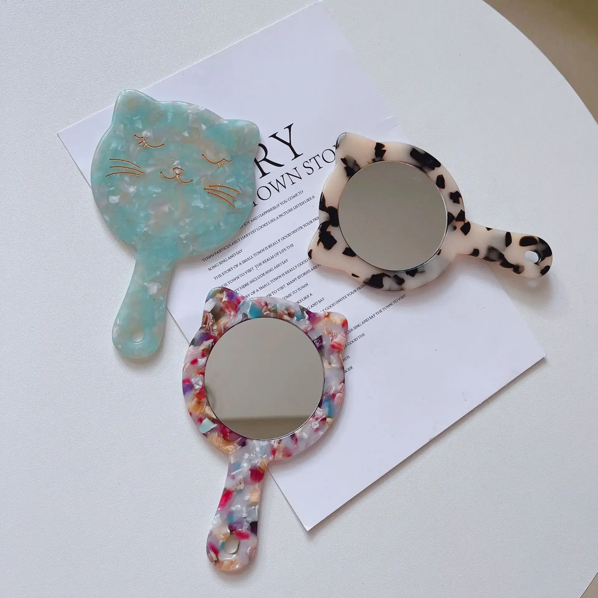 Portable Cute Cat Design Acetate Board Marble Pattern Makeup Mirror with Handle Retro Korean Style Compact Handheld Mirror