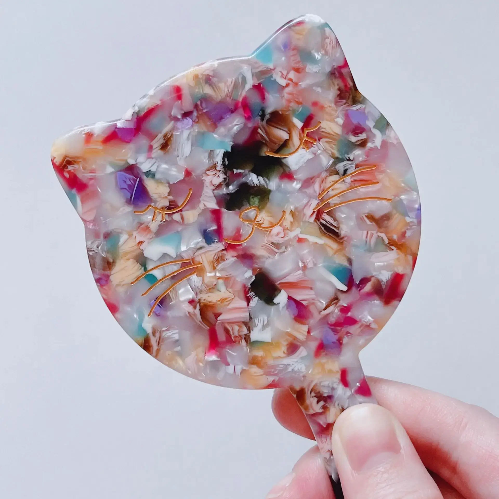Portable Cute Cat Design Acetate Board Marble Pattern Makeup Mirror with Handle Retro Korean Style Compact Handheld Mirror