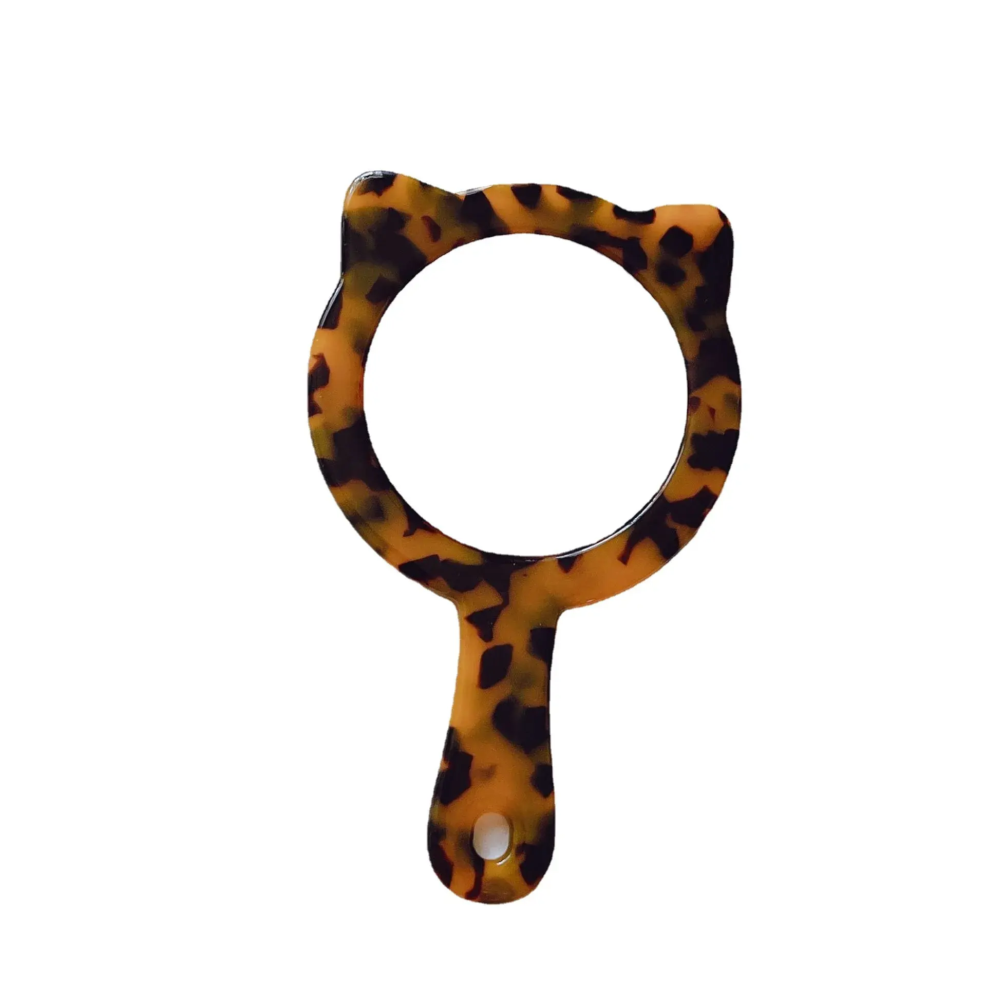 Portable Cute Cat Design Acetate Board Marble Pattern Makeup Mirror with Handle Retro Korean Style Compact Handheld Mirror