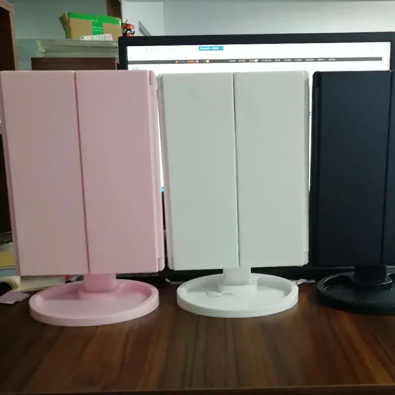 Tri-Fold Makeup Mirror With Light Portable Glowing LED Makeup Mirror Desktop Storage Comb Cosmetic Mirror Wholesale