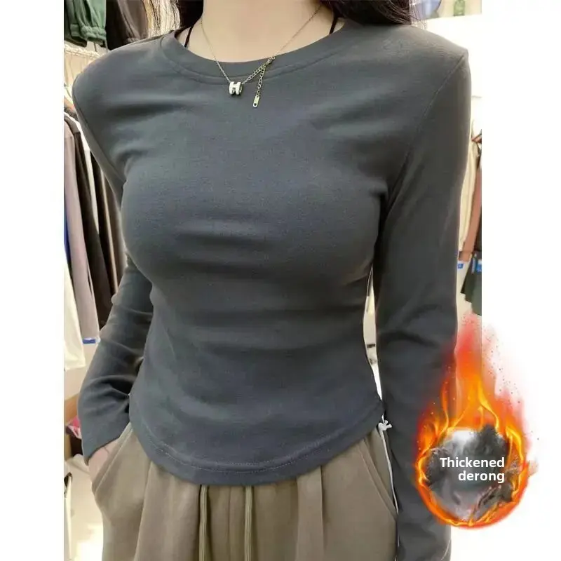 Thickened Warm Crew Neck Slim Fit Women's T-shirt Underwear Base Shirt Dervo Autumn Winter Long Sleeve Regular Polyester Fiber