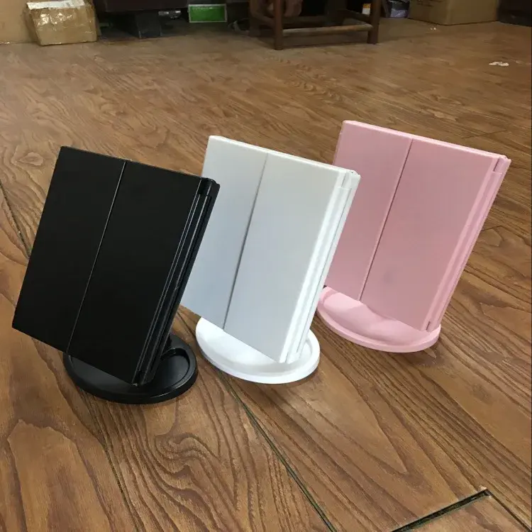 Tri-Fold Makeup Mirror With Light Portable Glowing LED Makeup Mirror Desktop Storage Comb Cosmetic Mirror Wholesale