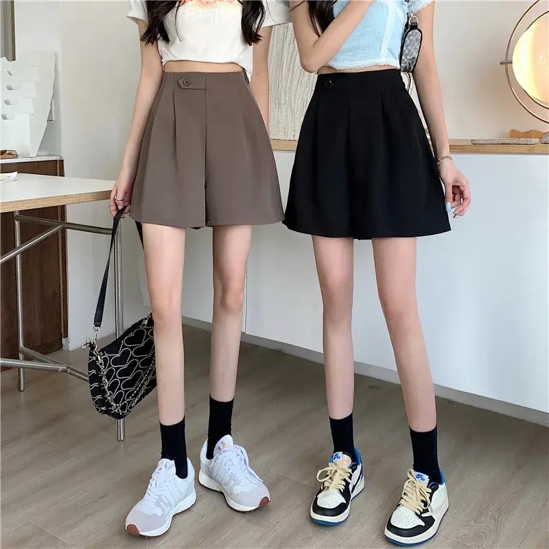 Summer Draped Wide-Leg Casual A- Line Black Shorts High-Waisted Slimming Style Korean Fashion 2023 New Outerwear For Women