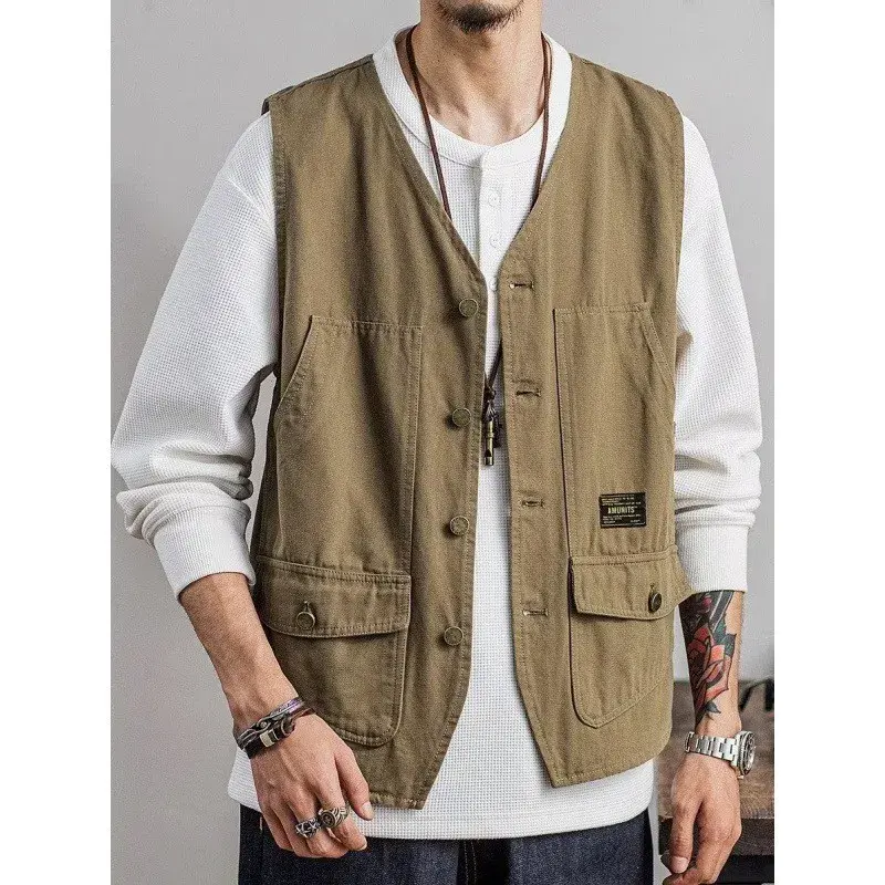 Trendy American Workwear Style Single Button V-Neck Jacket Men's Casual Fashion Vest Quality Japanese Harajuku Brand INS Hong Ko