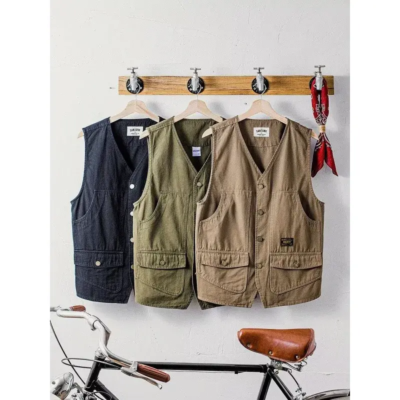 Trendy American Workwear Style Single Button V-Neck Jacket Men's Casual Fashion Vest Quality Japanese Harajuku Brand INS Hong Ko