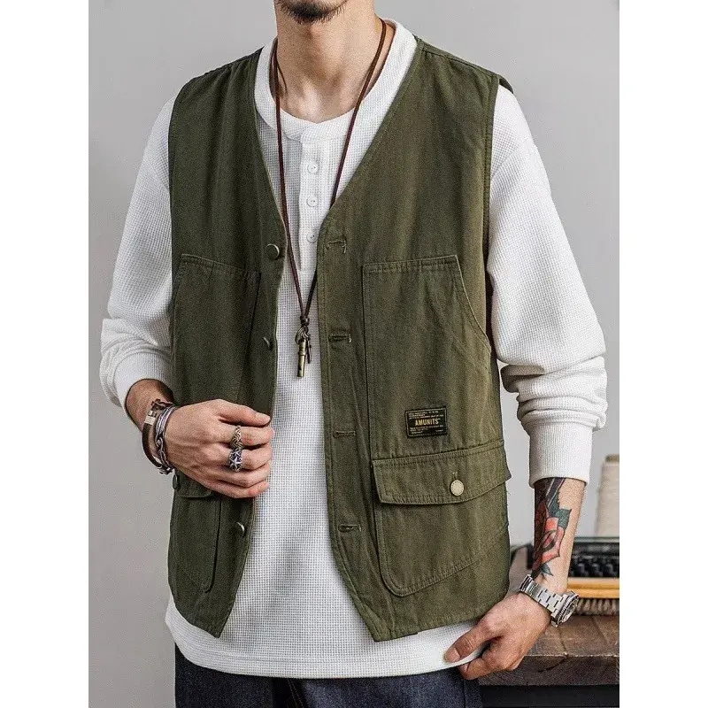 Trendy American Workwear Style Single Button V-Neck Jacket Men's Casual Fashion Vest Quality Japanese Harajuku Brand INS Hong Ko