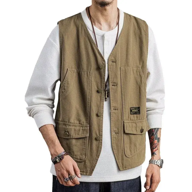 Trendy American Workwear Style Single Button V-Neck Jacket Men's Casual Fashion Vest Quality Japanese Harajuku Brand INS Hong Ko