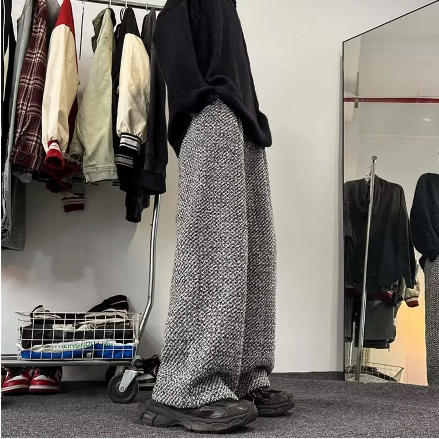 American Style Vintage Tweed Woolen Casual Pants Men's Loose Baggy Feeling Straight-Leg Pants Cleanfit Comfortable Lifestyle Pan