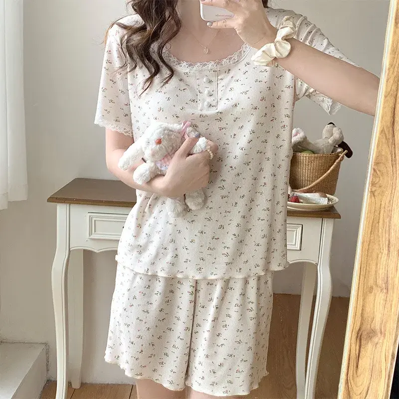 Modal Women's Summer Thin Pajama Set Chest Pad Short Sleeves Princess Style Home Clothes Suit For Women