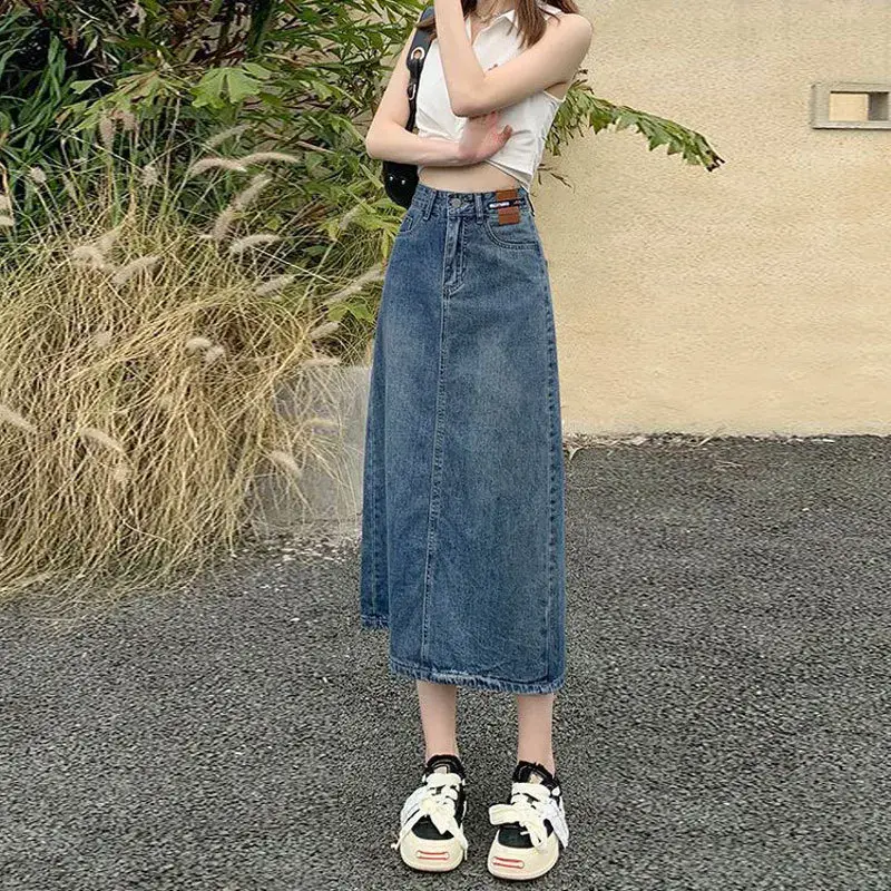 High-Waisted A- Line Denim Skirt Casual Straight-Leg Niche Leather Brand Women's Long Dress With Back Side Slit