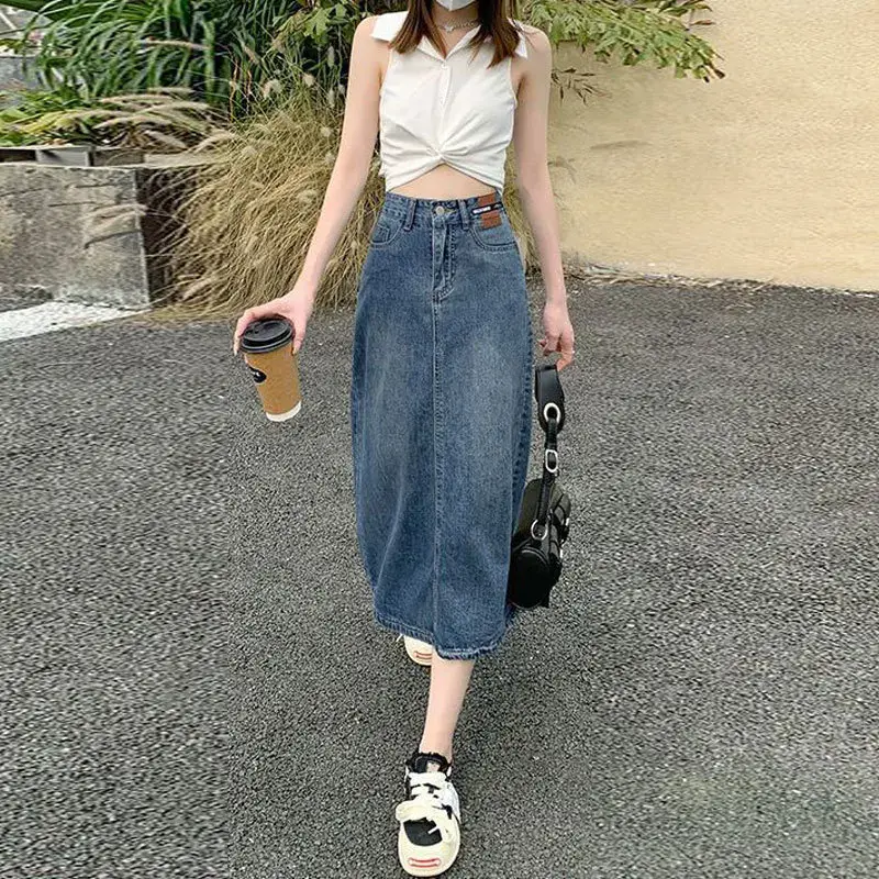 High-Waisted A- Line Denim Skirt Casual Straight-Leg Niche Leather Brand Women's Long Dress With Back Side Slit
