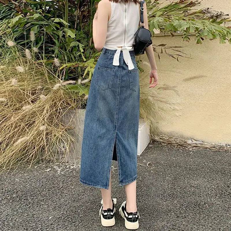 High-Waisted A- Line Denim Skirt Casual Straight-Leg Niche Leather Brand Women's Long Dress With Back Side Slit