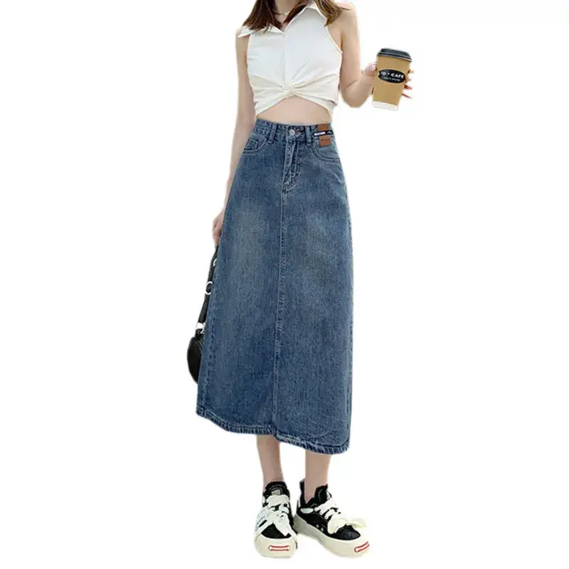 High-Waisted A- Line Denim Skirt Casual Straight-Leg Niche Leather Brand Women's Long Dress With Back Side Slit