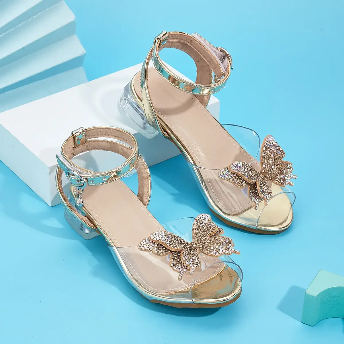 Princess Style Butterfly Knot Thick Heel Sandals Women's Transparent Strap High Heels Rhinestone Fishmouth Toe Exposure Shoes