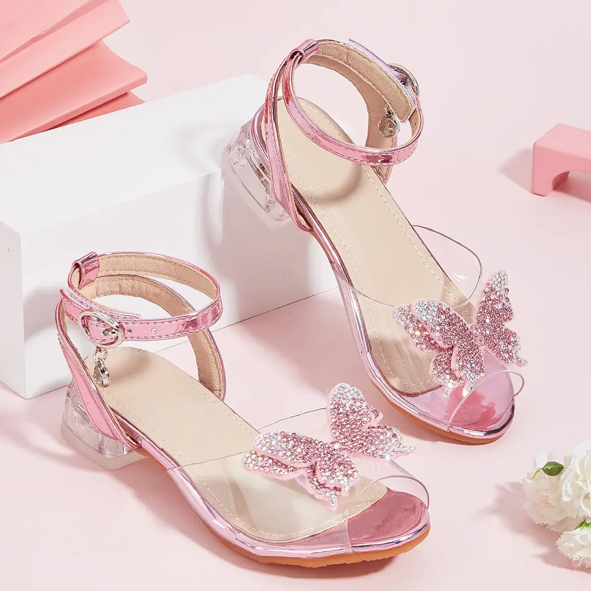 Princess Style Butterfly Knot Thick Heel Sandals Women's Transparent Strap High Heels Rhinestone Fishmouth Toe Exposure Shoes