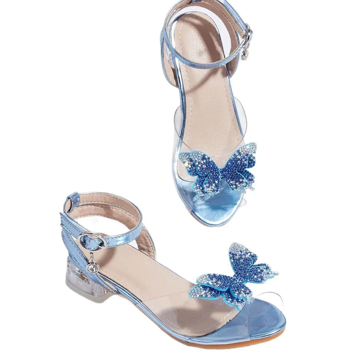 Princess Style Butterfly Knot Thick Heel Sandals Women's Transparent Strap High Heels Rhinestone Fishmouth Toe Exposure Shoes