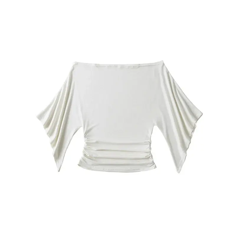 Slim Fit Shoulder Bared Bell Sleeve T Shirt Pure Desire Style Seven Quarter Sleeve Side Pleated Short Length Top for Women