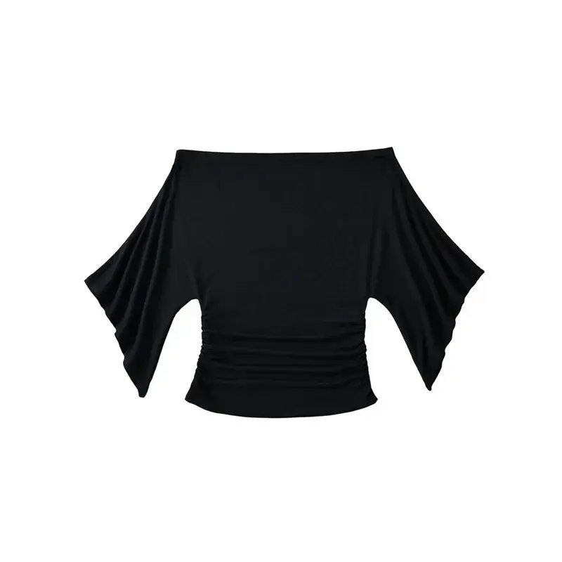 Slim Fit Shoulder Bared Bell Sleeve T Shirt Pure Desire Style Seven Quarter Sleeve Side Pleated Short Length Top for Women