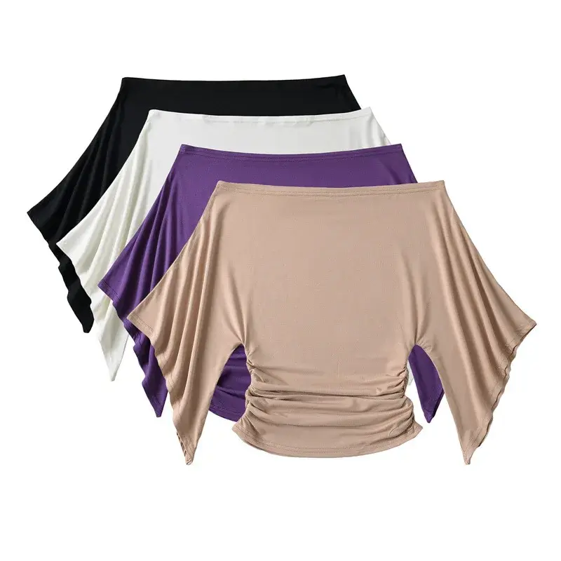 Slim Fit Shoulder Bared Bell Sleeve T Shirt Pure Desire Style Seven Quarter Sleeve Side Pleated Short Length Top for Women